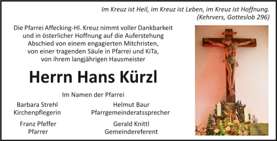 Traueranzeige von Hans Kürzl von Mittelbayerische Zeitung Kelheim