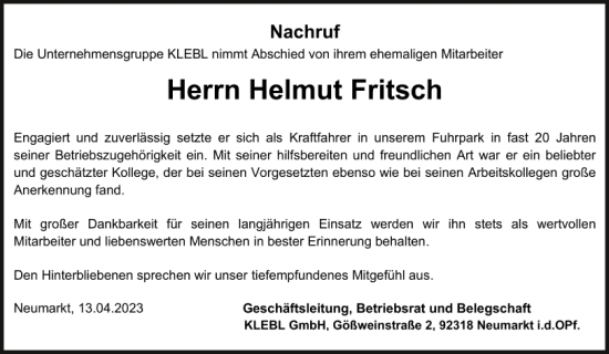 Traueranzeige von Helmut Fritsch von Neumarkter Tagblatt