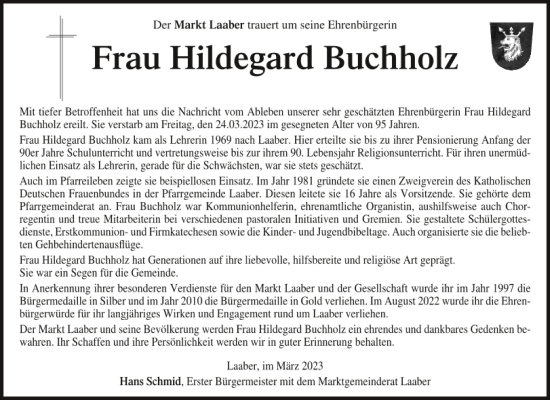 Traueranzeige von Hildegard Buchholz von Mittelbayerische Zeitung Regensburg