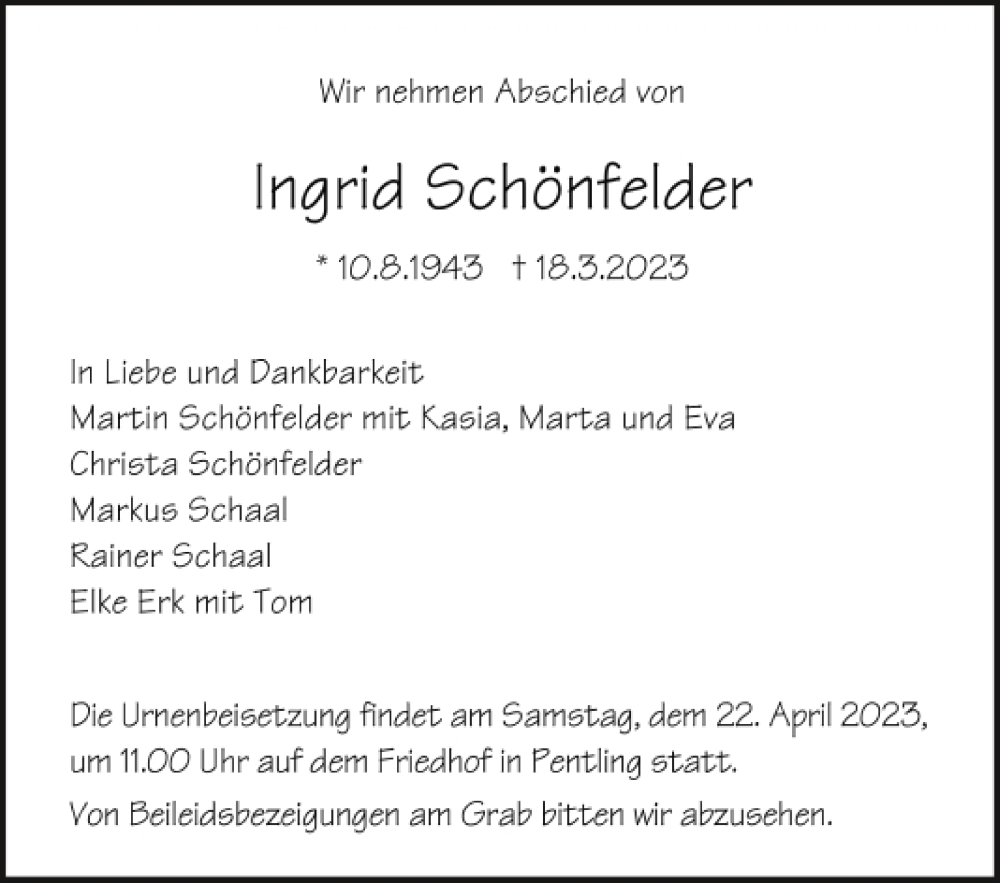  Traueranzeige für Ingrid Schönfelder vom 15.04.2023 aus Mittelbayerische Zeitung Regensburg