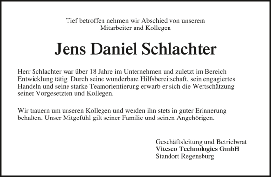 Traueranzeige von Jens Daniel Schlachter von Mittelbayerische Zeitung Regensburg
