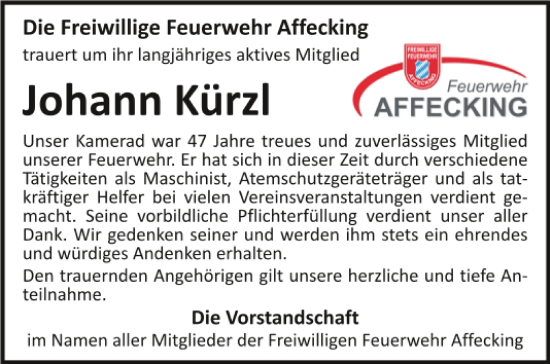 Traueranzeige von Johann Kürzl von Mittelbayerische Zeitung Kelheim