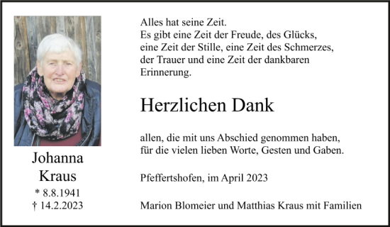 Traueranzeige von Johanna Kraus von Neumarkter Tagblatt