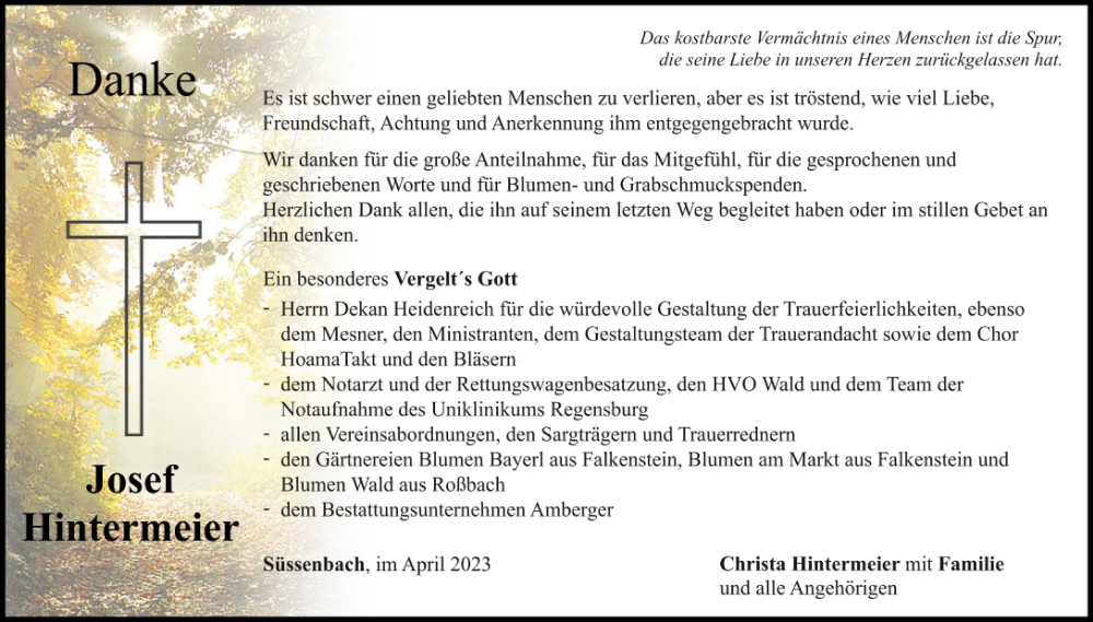  Traueranzeige für Josef Hintermeier vom 04.04.2023 aus Bayerwald Echo