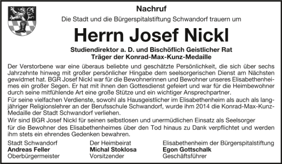 Traueranzeige von Josef Nickl von Mittelbayerische Zeitung Schwandorf