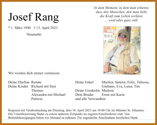 Traueranzeige von Josef Rang von Neumarkter Tagblatt