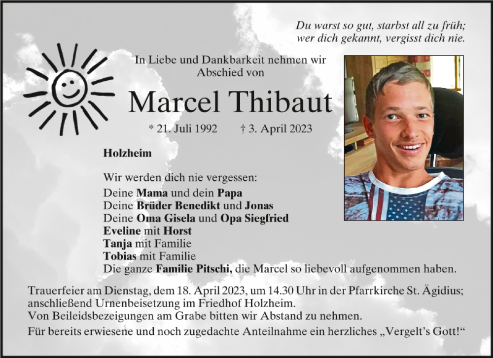  Traueranzeige für Marcel Thibaut vom 15.04.2023 aus Mittelbayerische Zeitung Regensburg