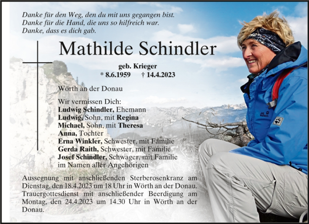  Traueranzeige für Mathilde Schindler vom 17.04.2023 aus Mittelbayerische Zeitung Regensburg