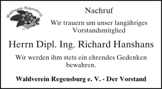 Traueranzeige von Richard Hanshans von Mittelbayerische Zeitung Regensburg