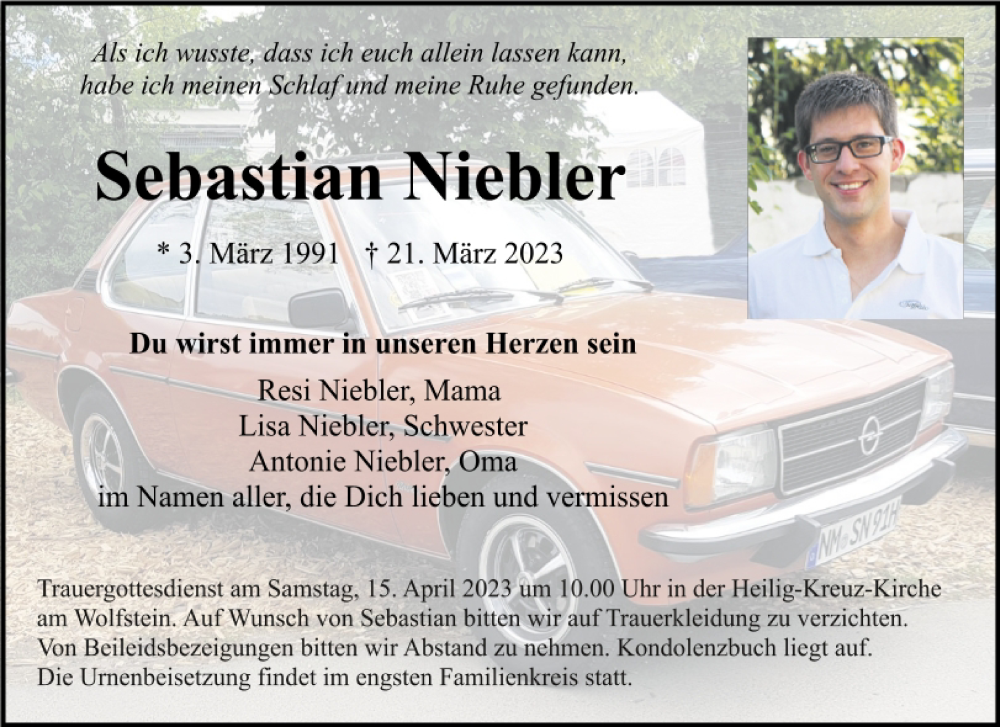  Traueranzeige für Sebastian Niebler vom 11.04.2023 aus Neumarkter Tagblatt