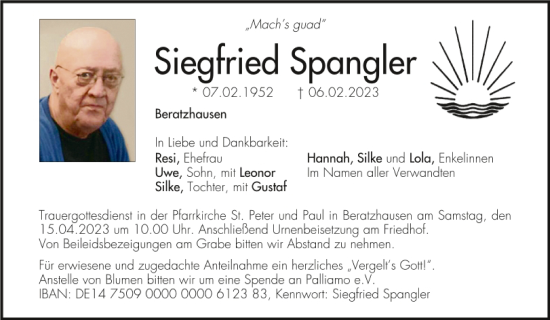 Traueranzeige von Siegfried Spangler von Mittelbayerische Zeitung Regensburg