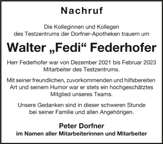 Traueranzeige von Walter Federhofer von Neumarkter Tagblatt