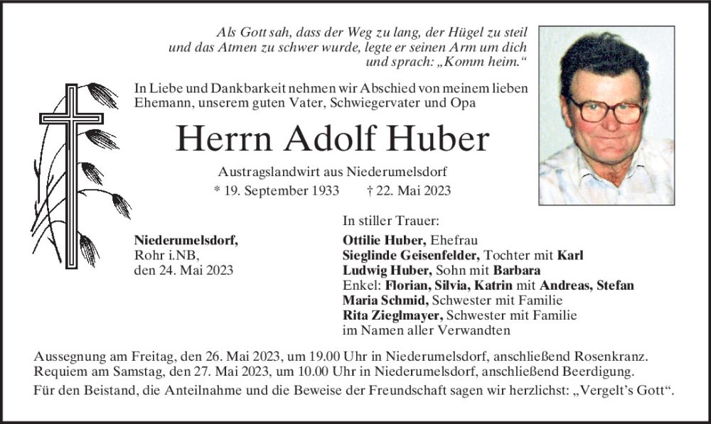  Traueranzeige für Adolf Huber vom 24.05.2023 aus Mittelbayerische Zeitung Kelheim