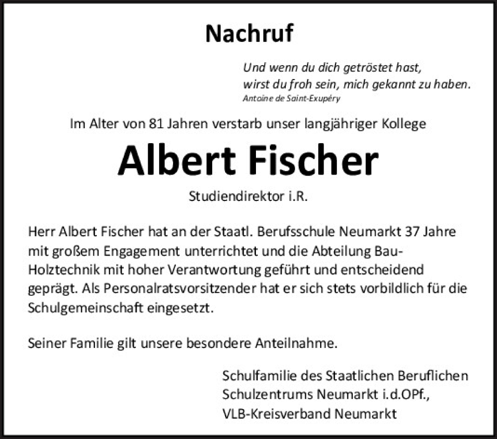  Traueranzeige für Albert Fischer vom 26.05.2023 aus Neumarkter Tagblatt