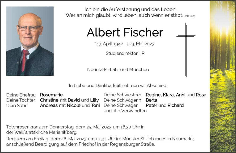  Traueranzeige für Albert Fischer vom 25.05.2023 aus Neumarkter Tagblatt