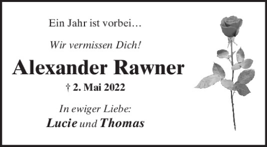 Traueranzeige von Alexander Rawner von Mittelbayerische Zeitung Regensburg