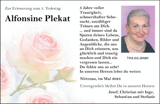 Traueranzeige von Alfonsine Plekat von Mittelbayerische Zeitung Regensburg
