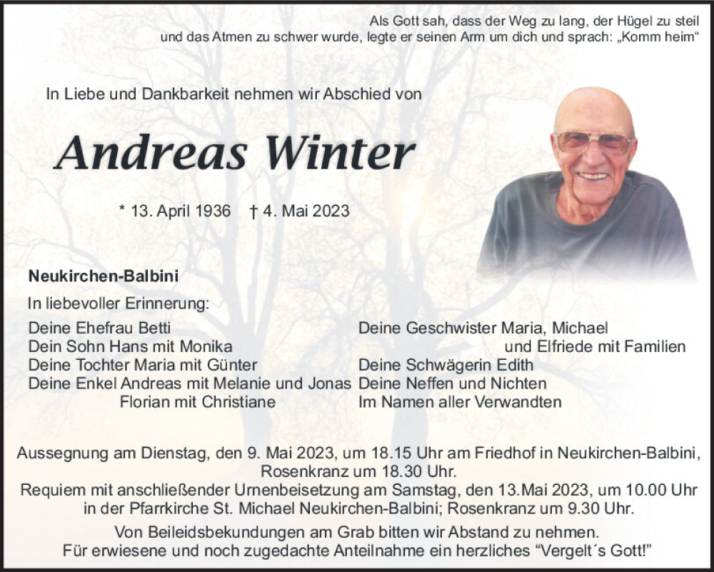  Traueranzeige für Andreas Winter vom 06.05.2023 aus Mittelbayerische Zeitung Schwandorf