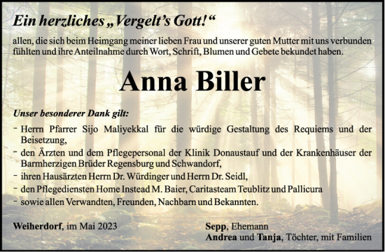 Traueranzeige von Anna Biller von Mittelbayerische Zeitung Regensburg