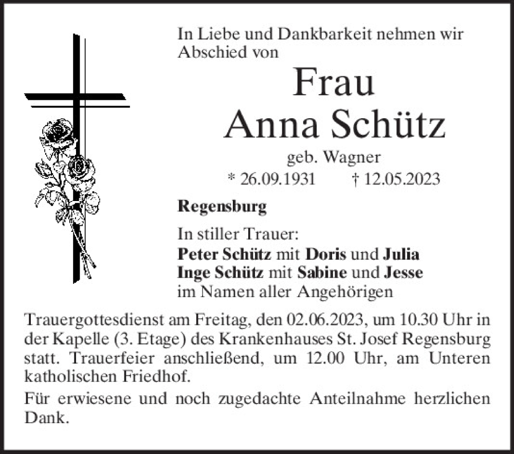  Traueranzeige für Anna Schütz vom 27.05.2023 aus Mittelbayerische Zeitung Regensburg