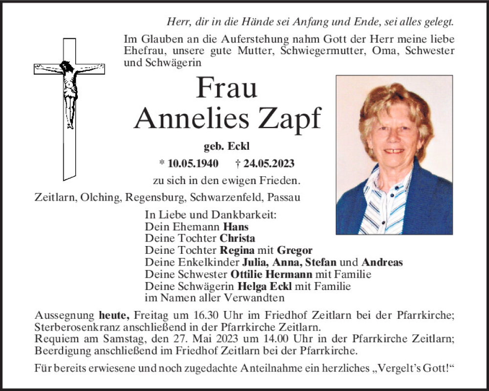  Traueranzeige für Annelies Zapf vom 26.05.2023 aus Mittelbayerische Zeitung Regensburg