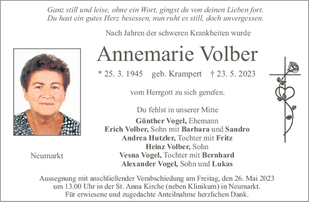  Traueranzeige für Annemarie Volber vom 25.05.2023 aus Neumarkter Tagblatt