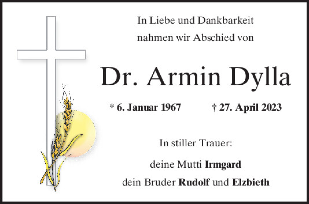  Traueranzeige für Dr. Armin Dylla vom 27.05.2023 aus Mittelbayerische Zeitung Regensburg