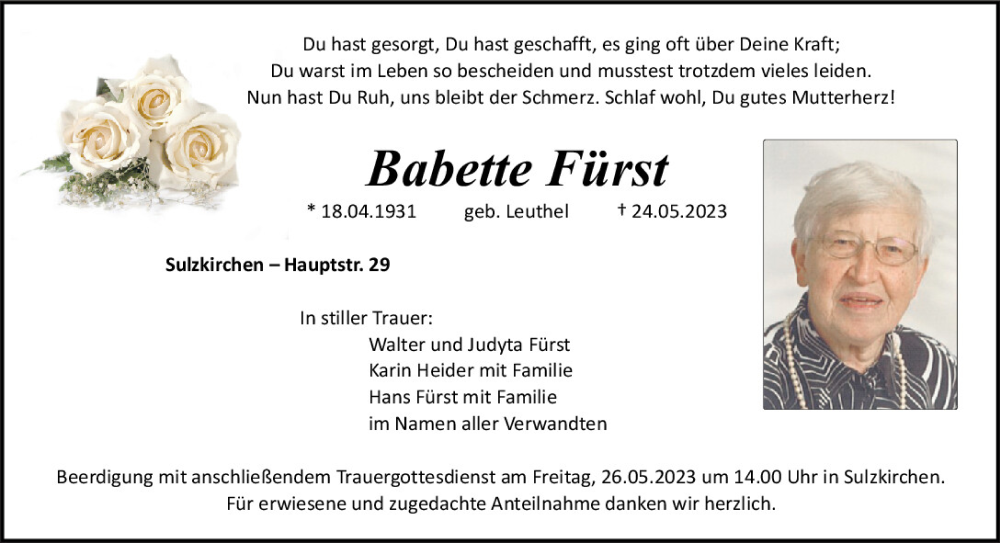  Traueranzeige für Babette Fürst vom 25.05.2023 aus Neumarkter Tagblatt