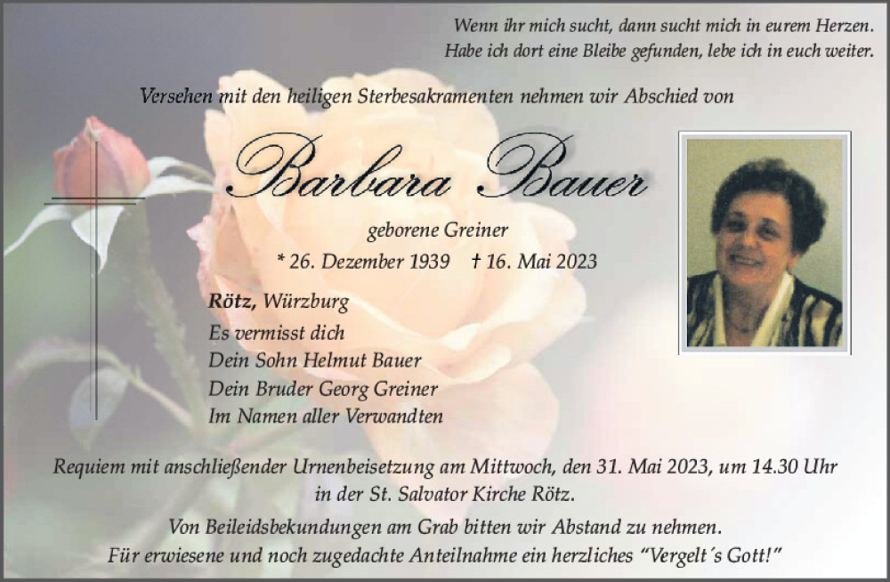  Traueranzeige für Barbara Bauer vom 20.05.2023 aus Bayerwald Echo