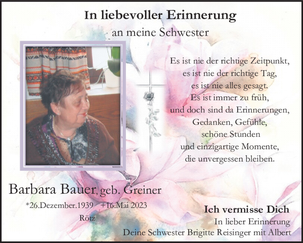  Traueranzeige für Barbara Bauer vom 26.05.2023 aus Bayerwald Echo