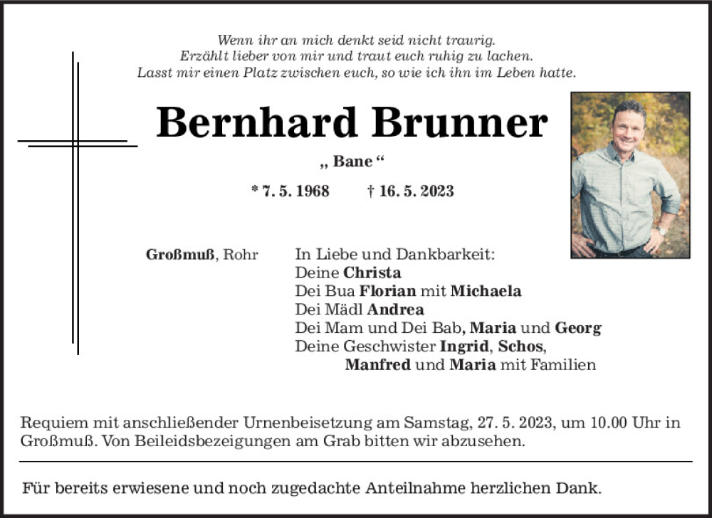  Traueranzeige für Bernhard Brunner vom 25.05.2023 aus Mittelbayerische Zeitung Kelheim