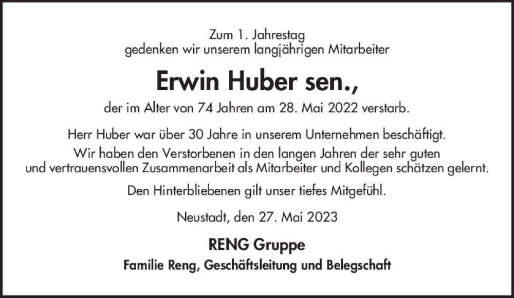  Traueranzeige für Erwin Huber vom 27.05.2023 aus Mittelbayerische Zeitung Kelheim