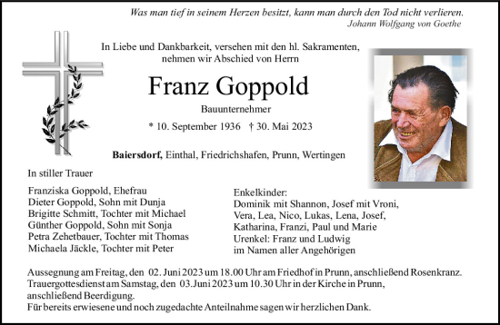 Traueranzeige von Franz Goppold von Mittelbayerische Zeitung Kelheim