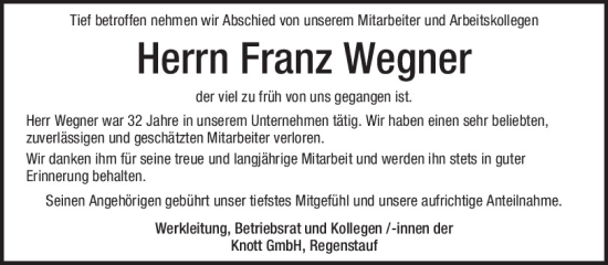 Traueranzeige von Franz Wegner von Mittelbayerische Zeitung Regensburg