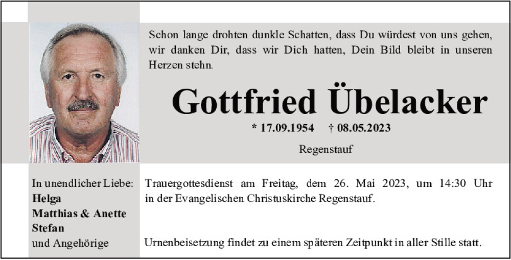  Traueranzeige für Gottfried Übelacker vom 20.05.2023 aus Mittelbayerische Zeitung Regensburg