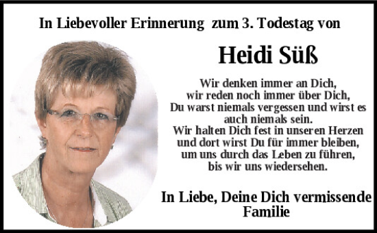 Traueranzeige von Heidi Süß von Mittelbayerische Zeitung Schwandorf