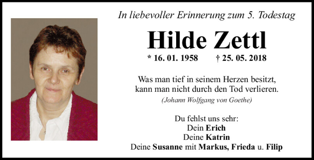  Traueranzeige für Hildegard Zettl vom 25.05.2023 aus Mittelbayerische Zeitung Regensburg