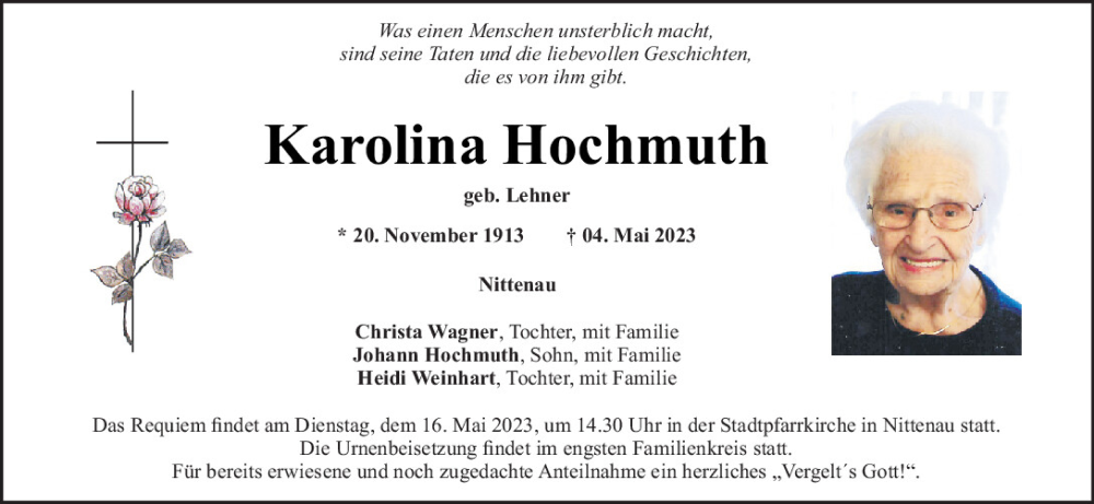  Traueranzeige für Karolina Hochmuth vom 13.05.2023 aus Mittelbayerische Zeitung Schwandorf