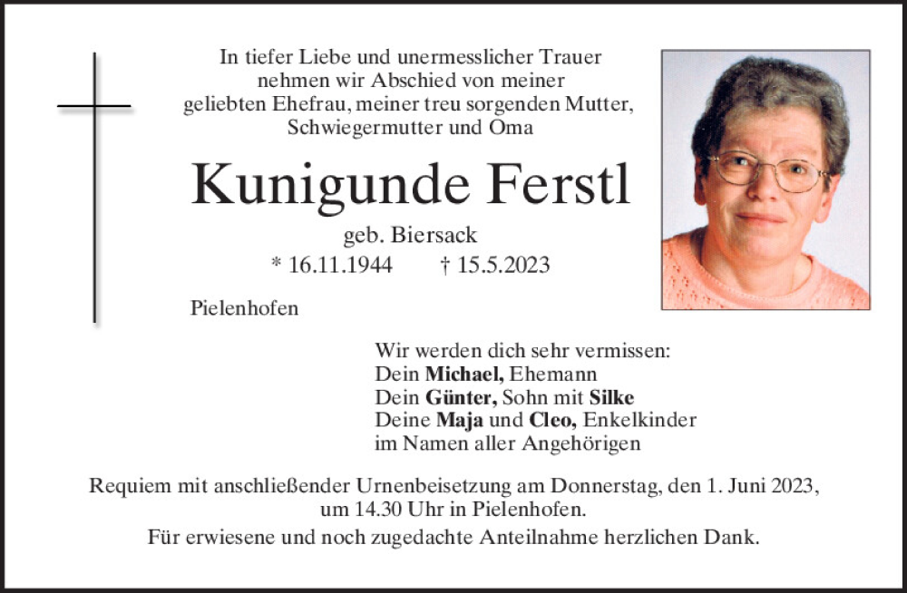  Traueranzeige für Kunigunde Ferstl vom 27.05.2023 aus Mittelbayerische Zeitung Regensburg
