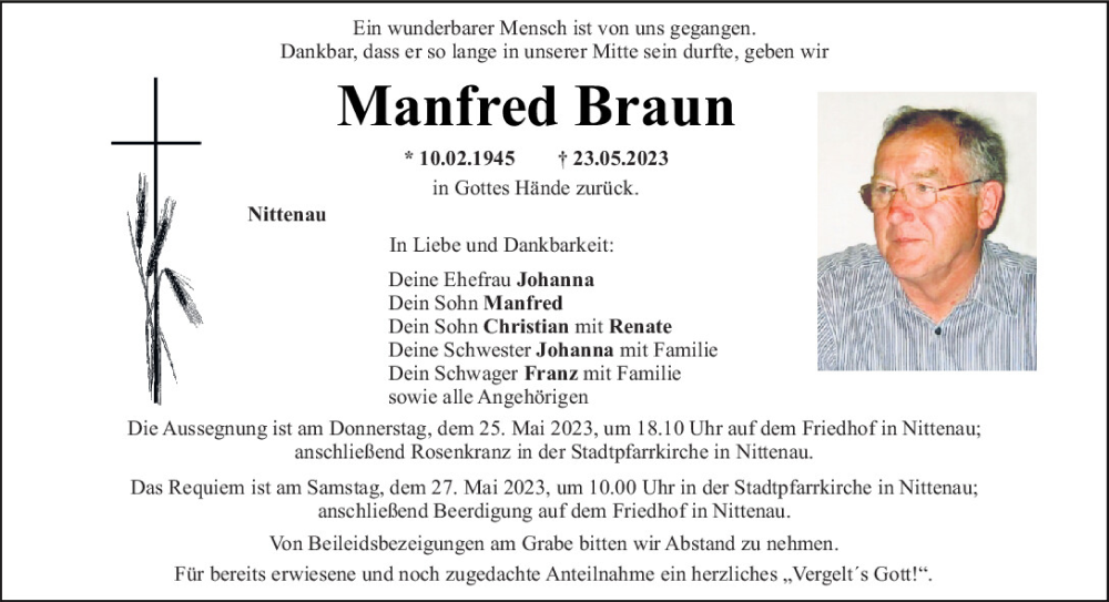  Traueranzeige für Manfred Braun vom 25.05.2023 aus Mittelbayerische Zeitung Regensburg