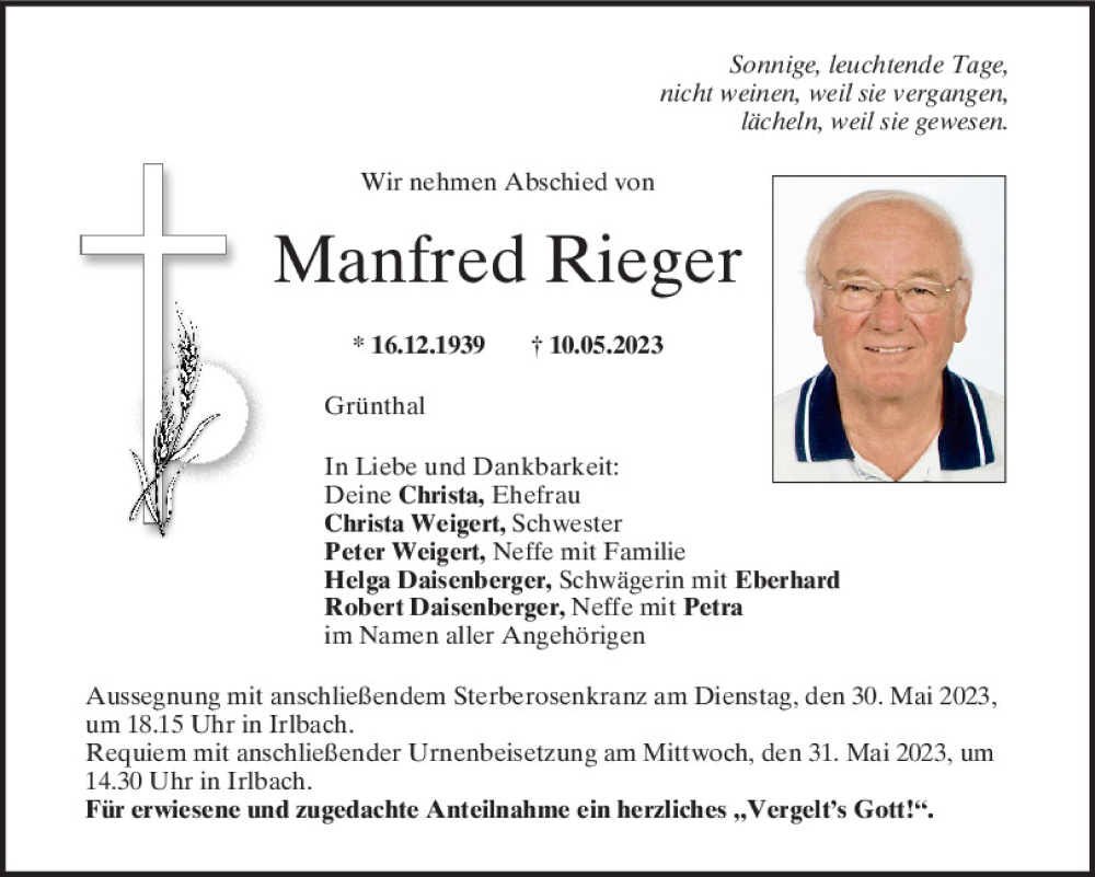  Traueranzeige für Manfred Rieger vom 27.05.2023 aus Mittelbayerische Zeitung Regensburg