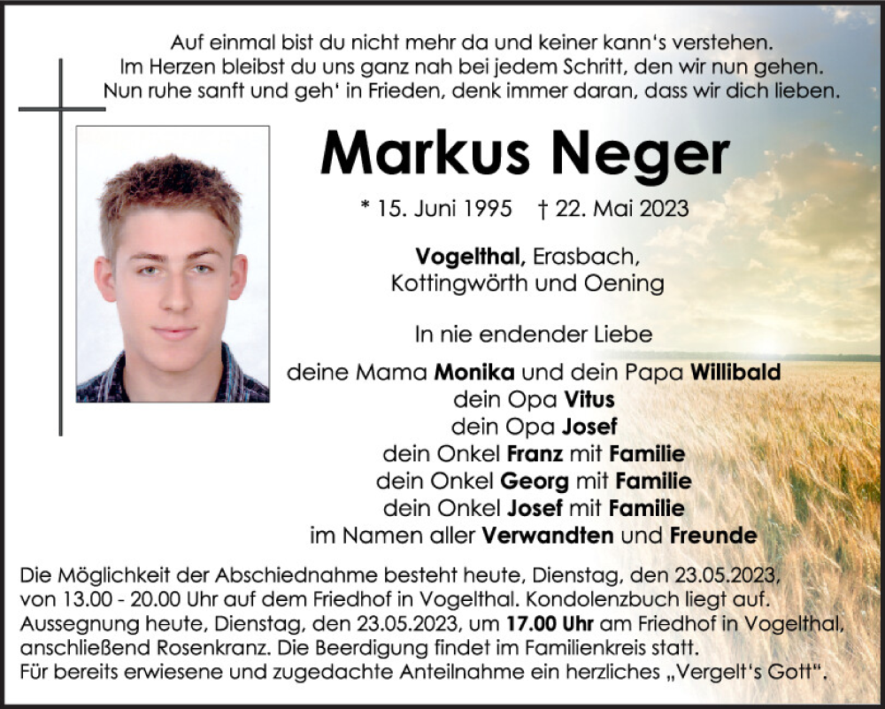  Traueranzeige für Markus Neger vom 23.05.2023 aus Neumarkter Tagblatt