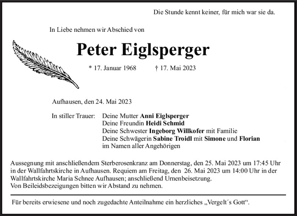  Traueranzeige für Peter Eiglsperger vom 24.05.2023 aus Mittelbayerische Zeitung Regensburg