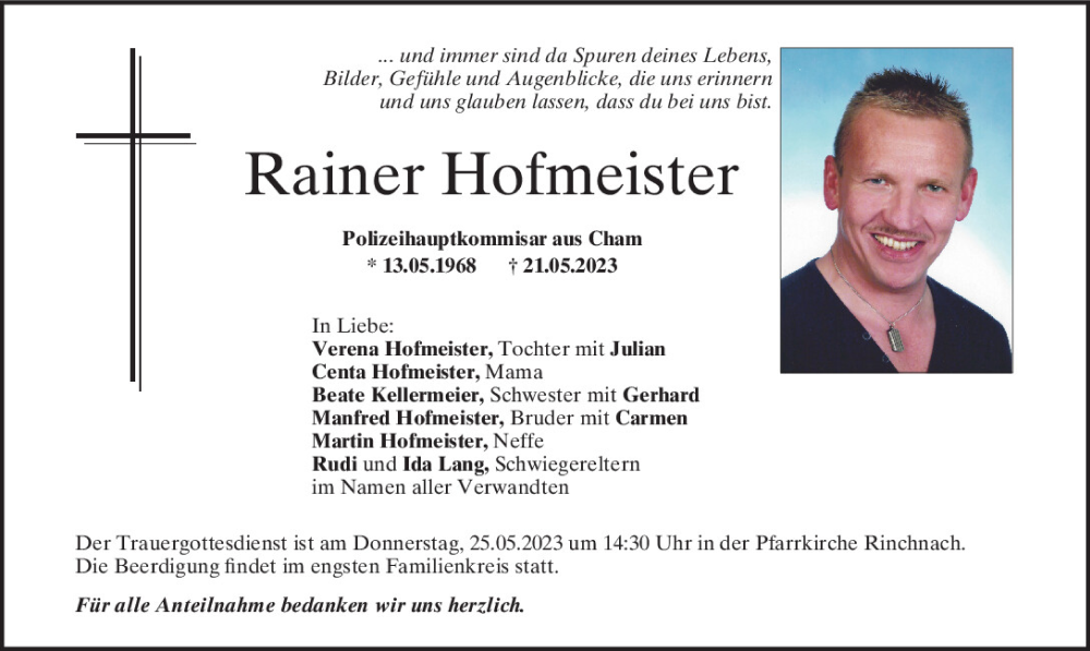  Traueranzeige für Rainer Hofmeister vom 24.05.2023 aus Bayerwald Echo