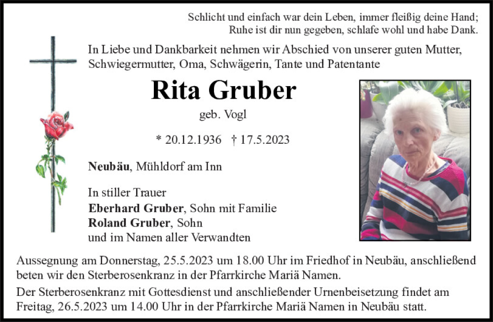  Traueranzeige für Rita Gruber vom 20.05.2023 aus Bayerwald Echo