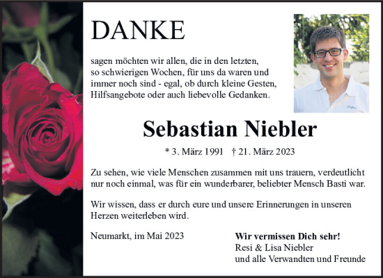 Traueranzeige von Sebastian Niebler von Neumarkter Tagblatt