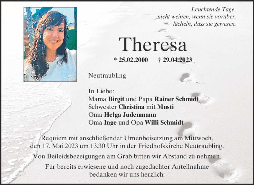  Traueranzeige für Theresa Schmidt vom 13.05.2023 aus Mittelbayerische Zeitung Regensburg