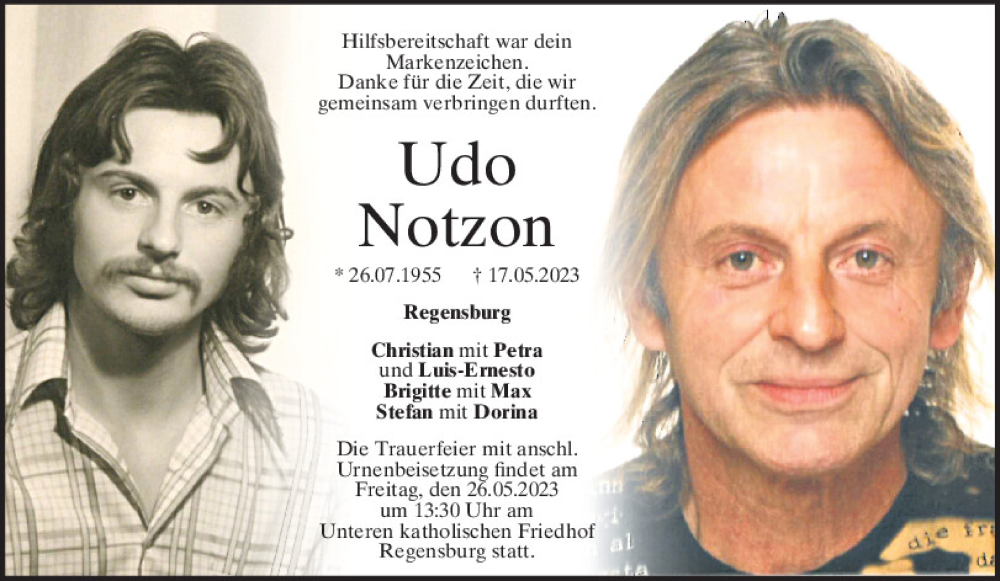  Traueranzeige für Udo Notzon vom 24.05.2023 aus Mittelbayerische Zeitung Regensburg