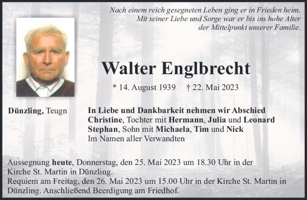  Traueranzeige für Walter Englbrecht vom 25.05.2023 aus Mittelbayerische Zeitung Regensburg