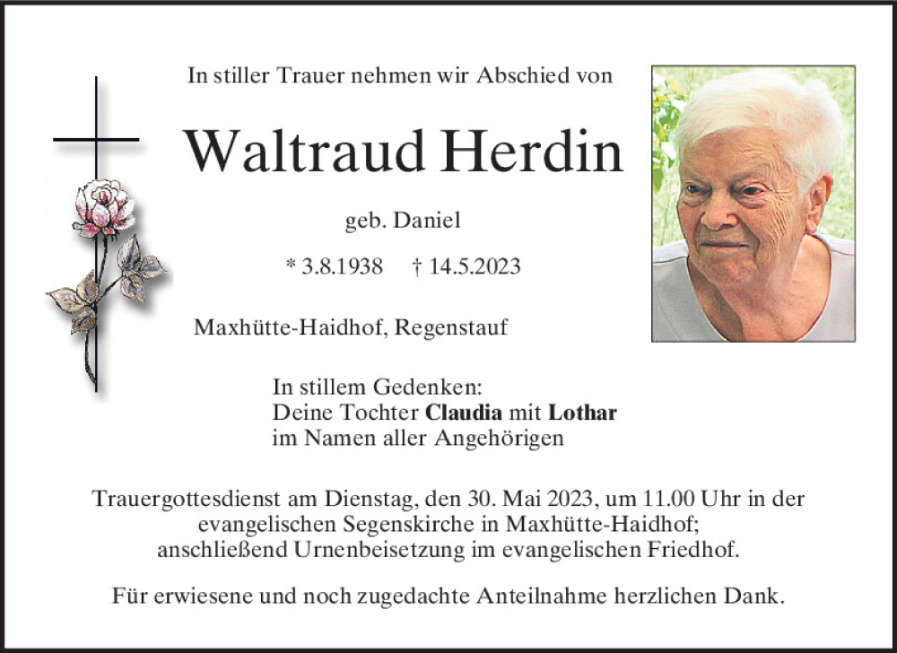  Traueranzeige für Waltraud Herdin vom 27.05.2023 aus Mittelbayerische Zeitung Schwandorf